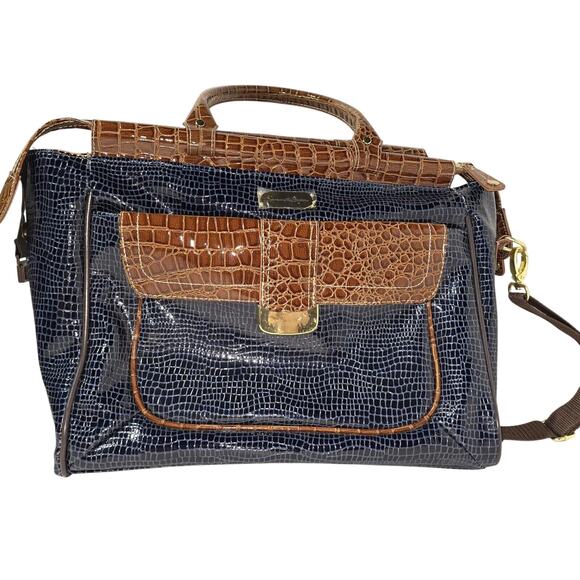 Samantha Brown Blue Faux Croc Carry On Overnight Weekender Or Business Bag Tote - Picture 1 of 16